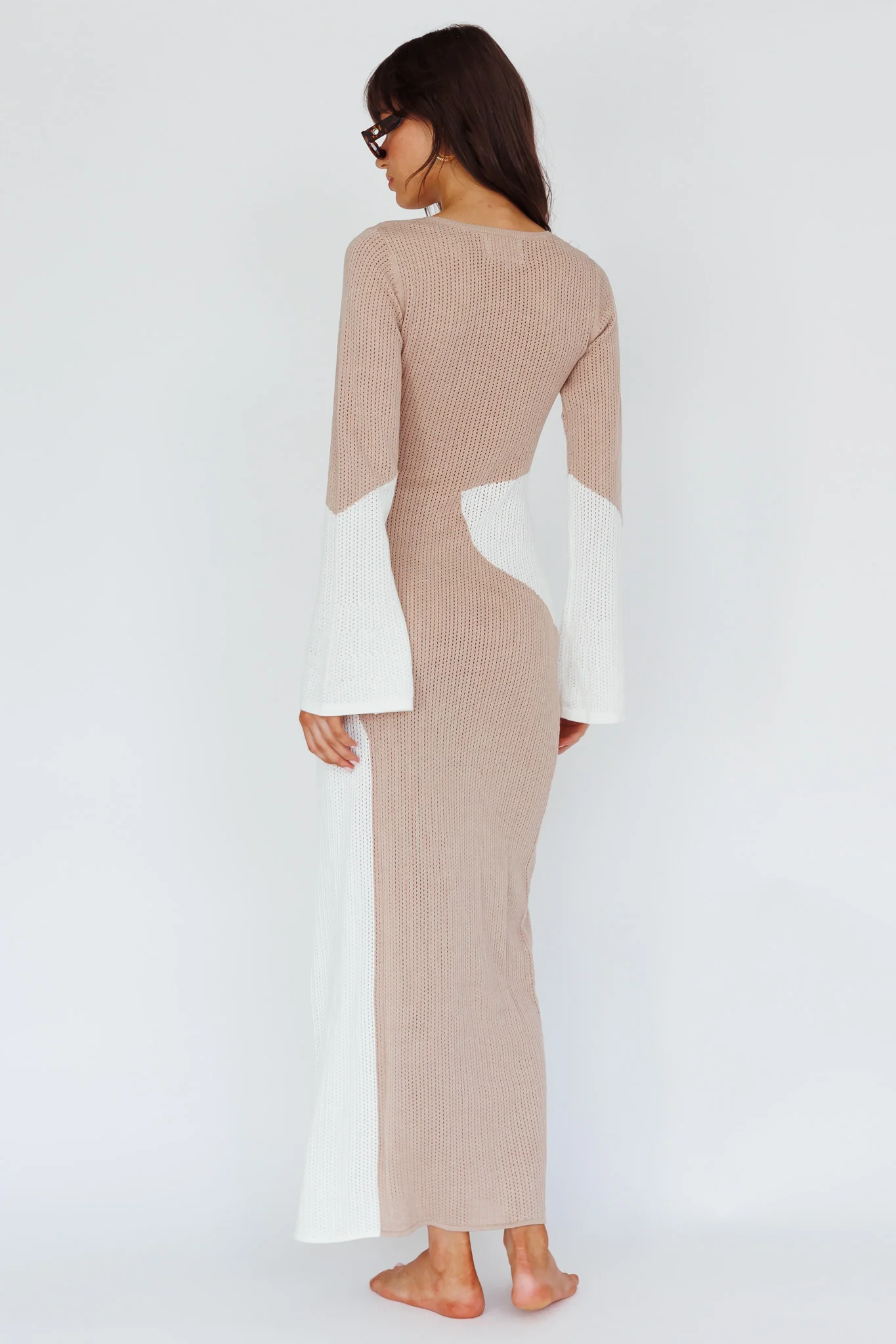 Karsen Long Sleeve Crochet Maxi Dress Beige - Image 2