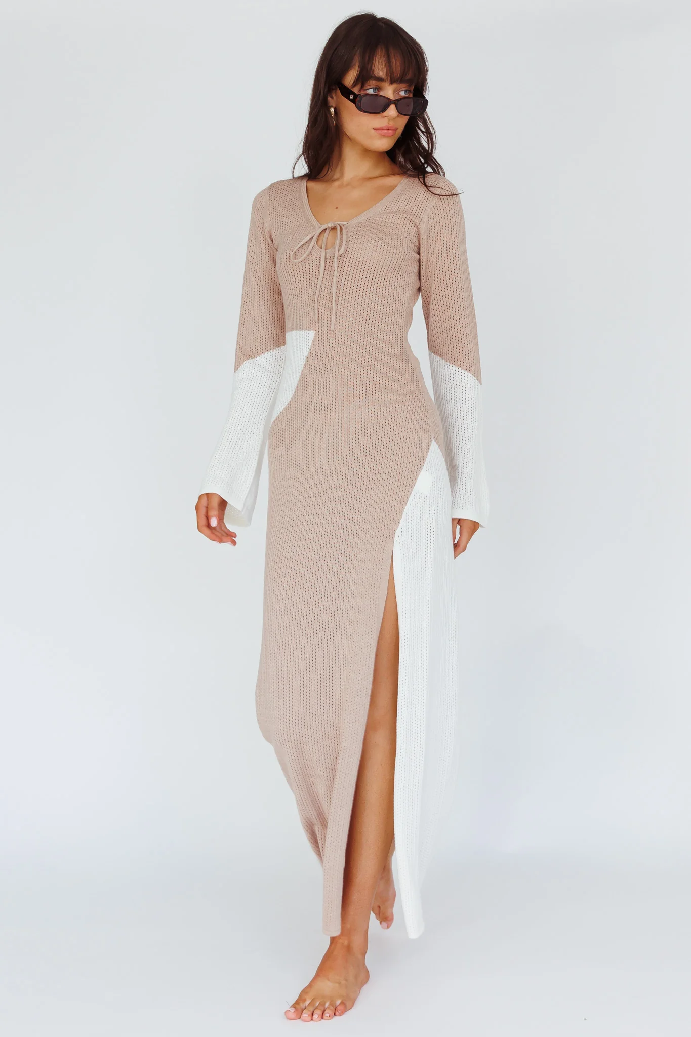 Karsen Long Sleeve Crochet Maxi Dress Beige - Image 3