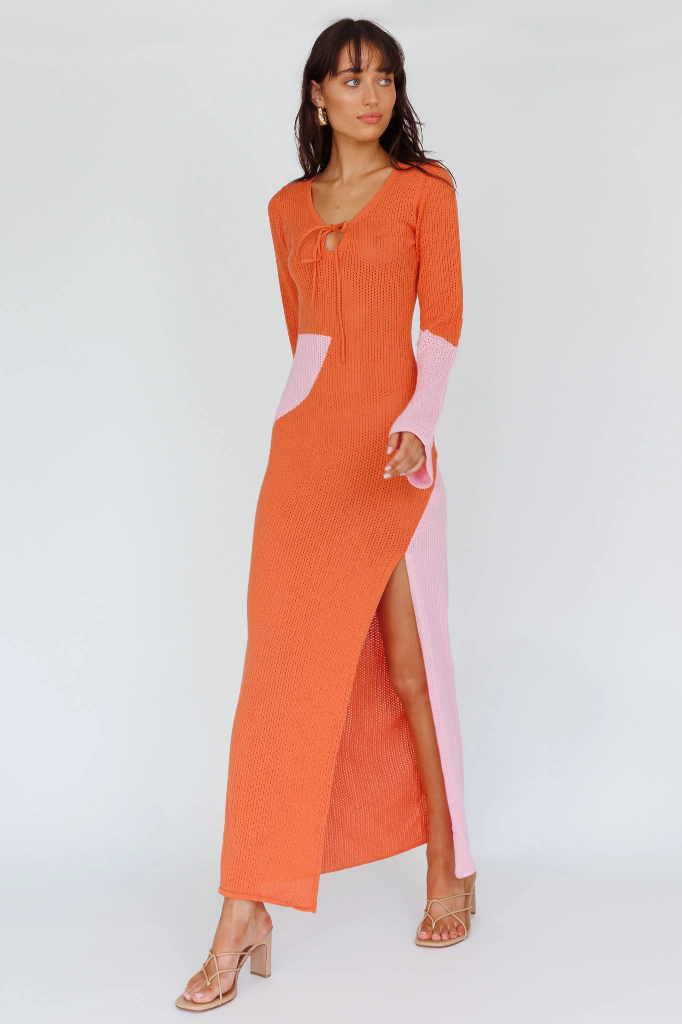 Karsen Long Sleeve Crochet Maxi Dress Orange - Image 3