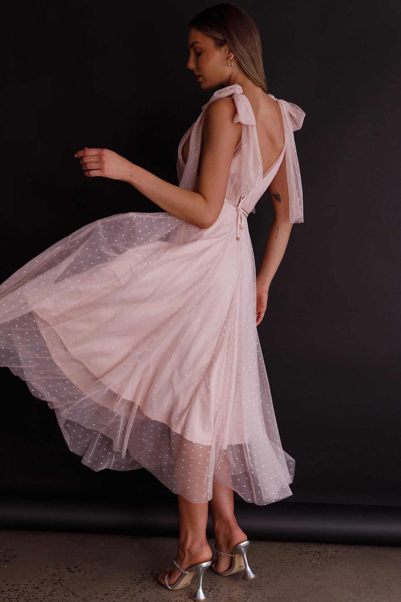 Kathryn Tied Shoulder Mesh Midi Dress Blush - Image 2