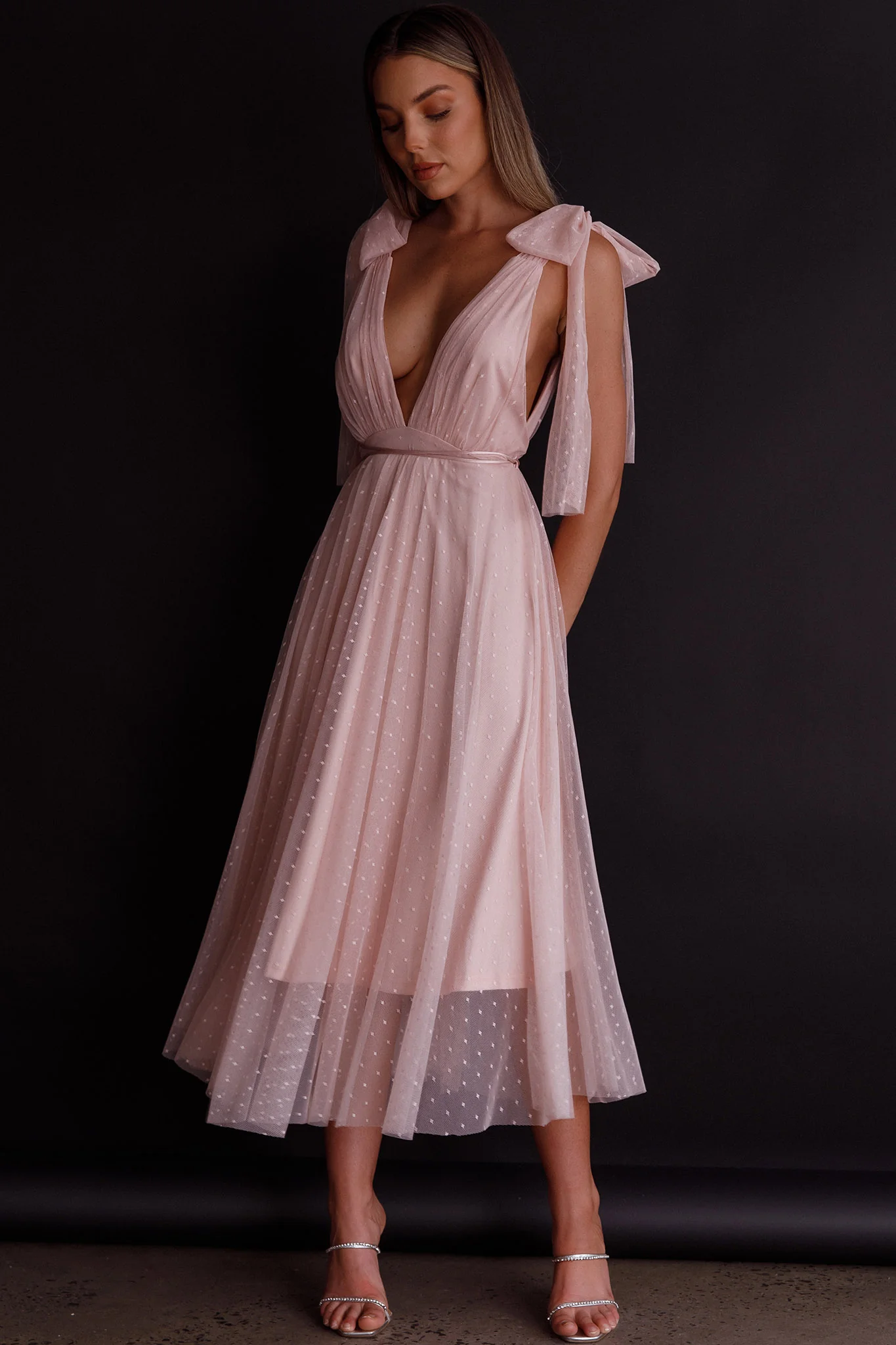 Kathryn Tied Shoulder Mesh Midi Dress Blush - Image 5