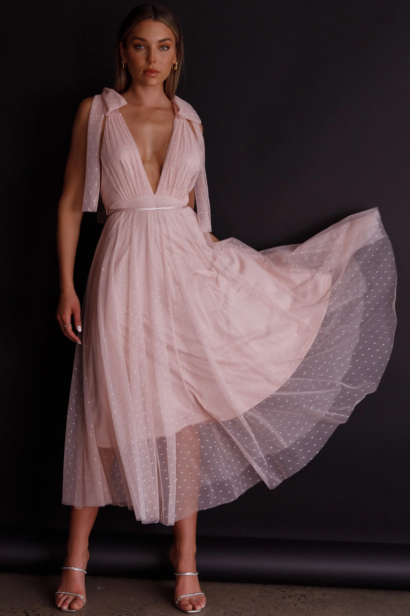 Kathryn Tied Shoulder Mesh Midi Dress Blush - Image 6