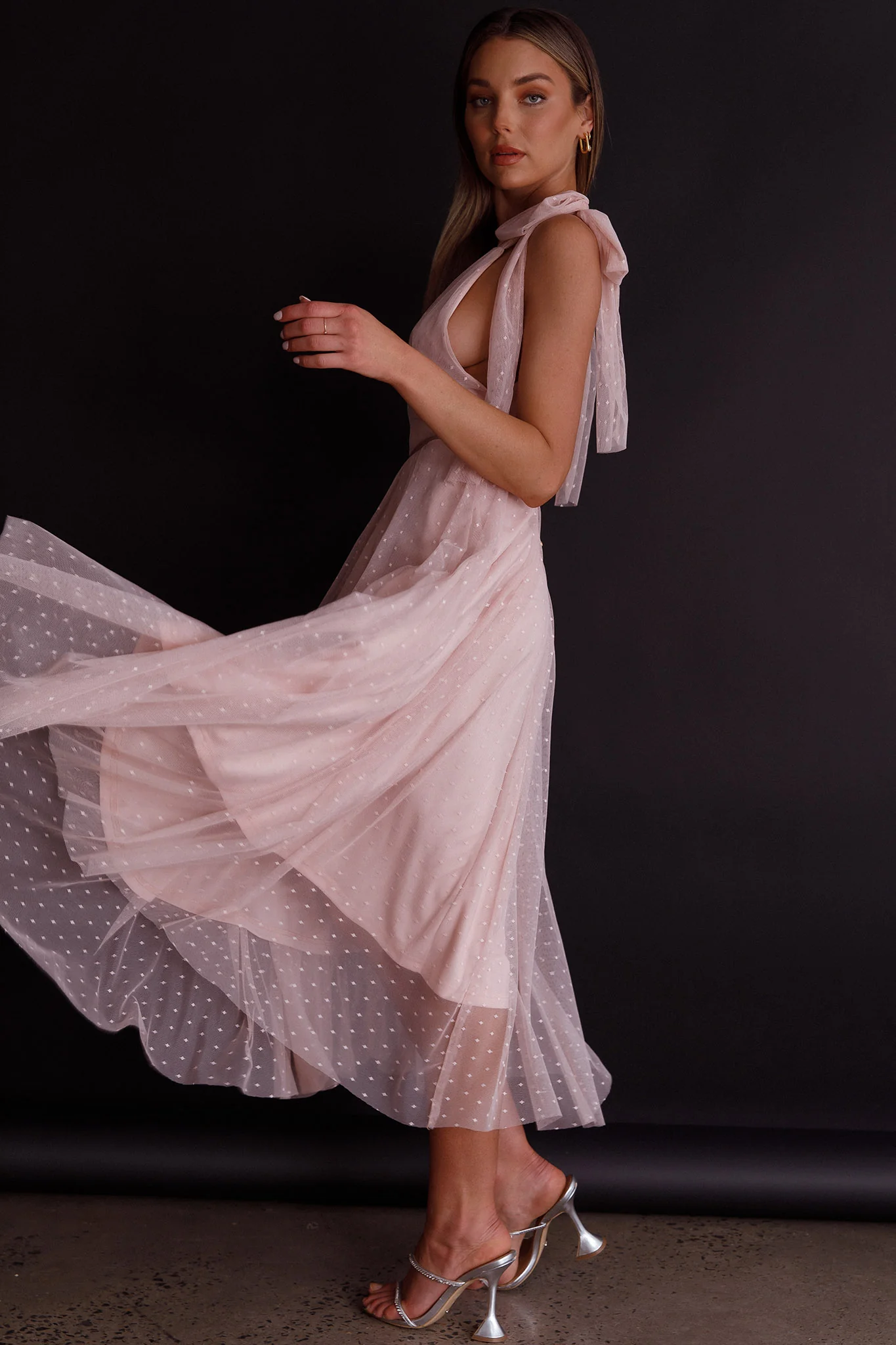 Kathryn Tied Shoulder Mesh Midi Dress Blush - Image 7