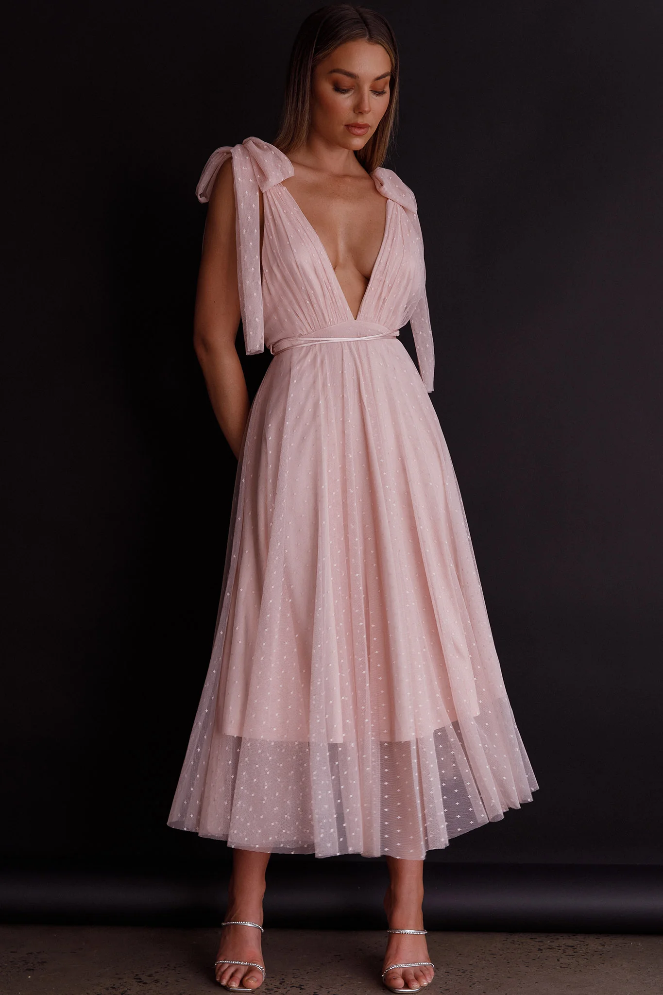 Kathryn Tied Shoulder Mesh Midi Dress Blush - Image 8