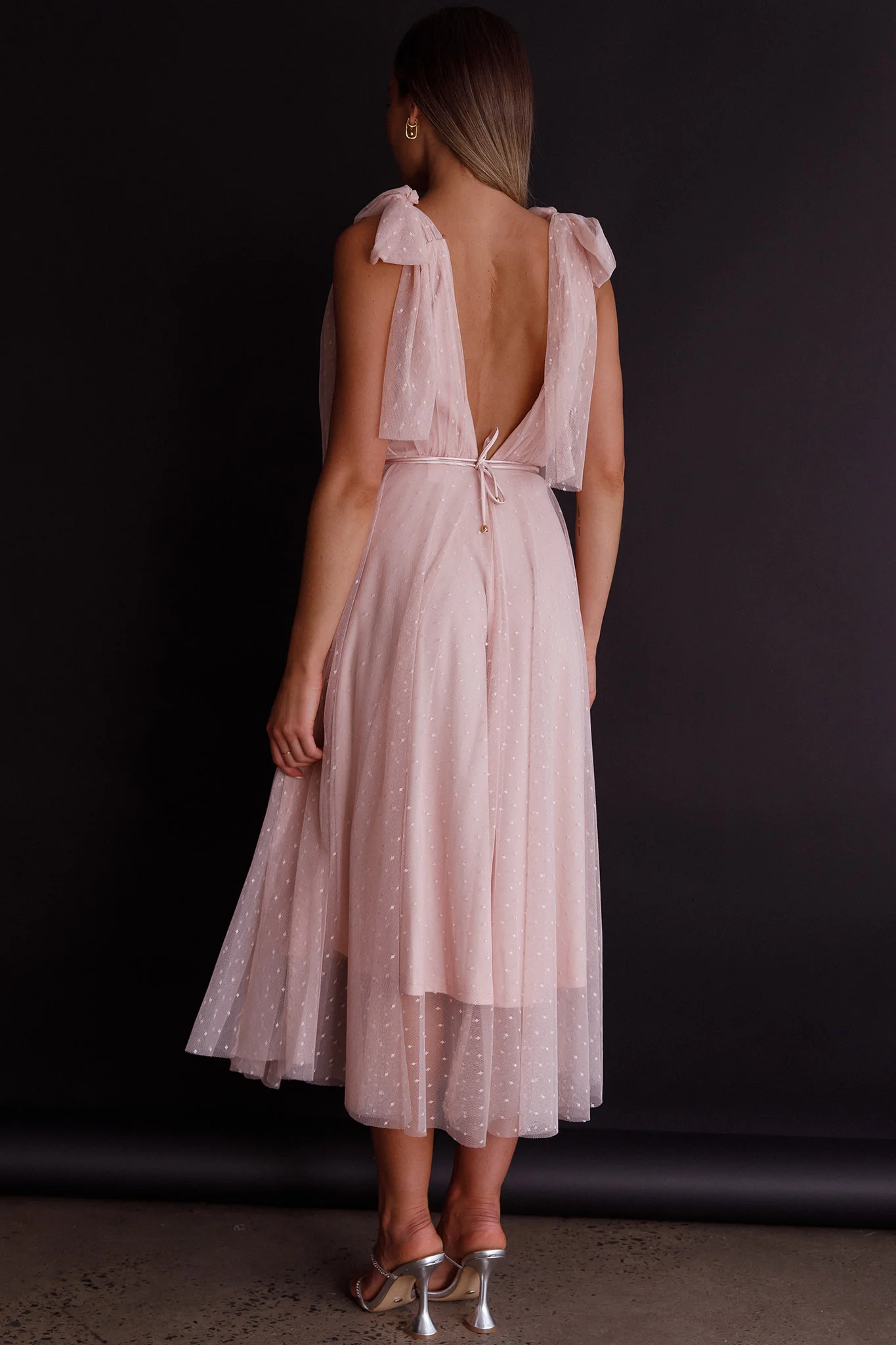 Kathryn Tied Shoulder Mesh Midi Dress Blush - Image 9