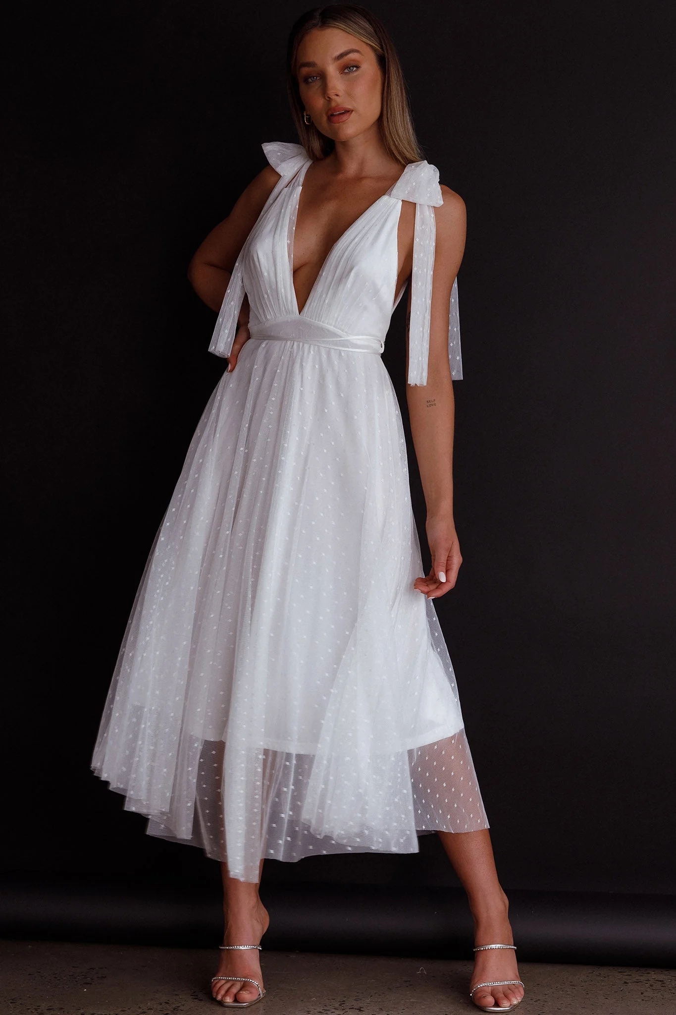 Kathryn Tied Shoulder Mesh Midi Dress White - Image 3