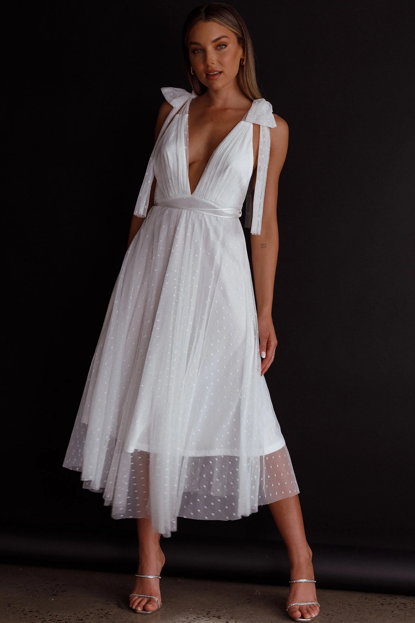 Kathryn Tied Shoulder Mesh Midi Dress White - Image 5