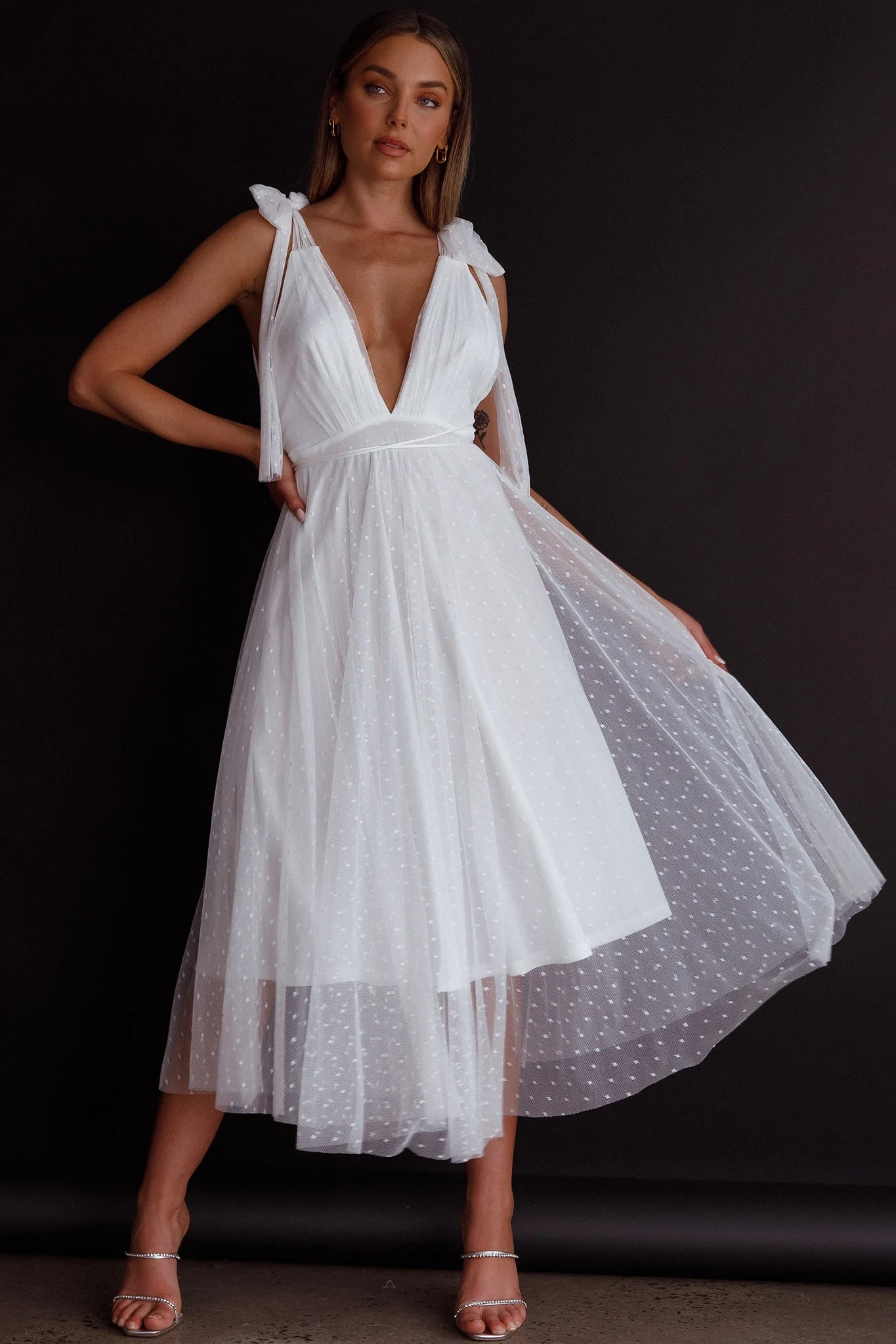 Kathryn Tied Shoulder Mesh Midi Dress White - Image 6
