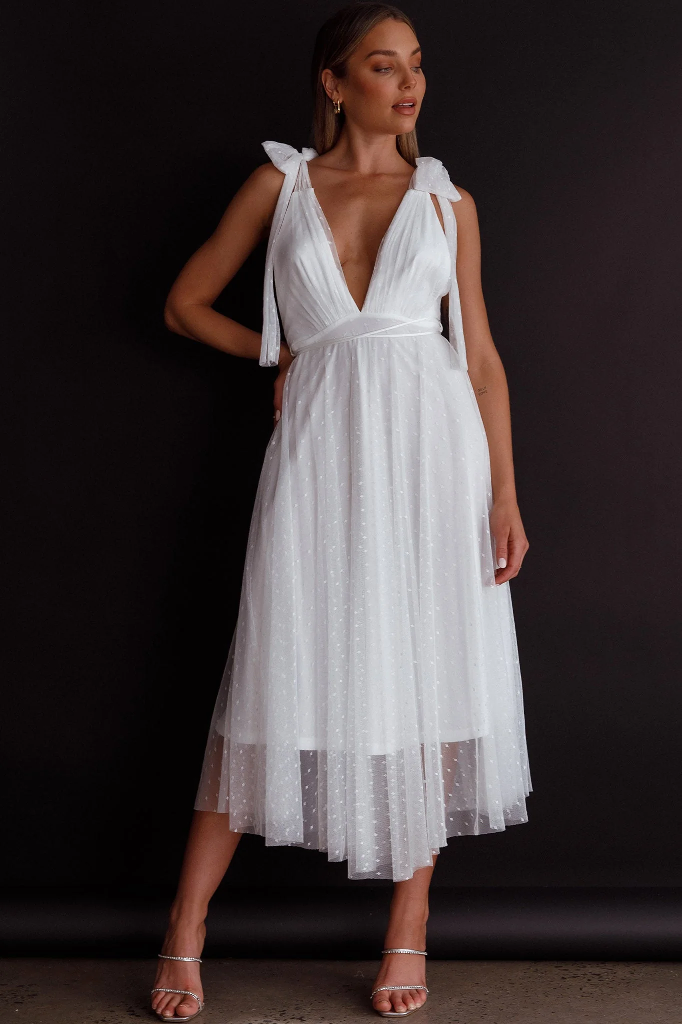 Kathryn Tied Shoulder Mesh Midi Dress White - Image 7