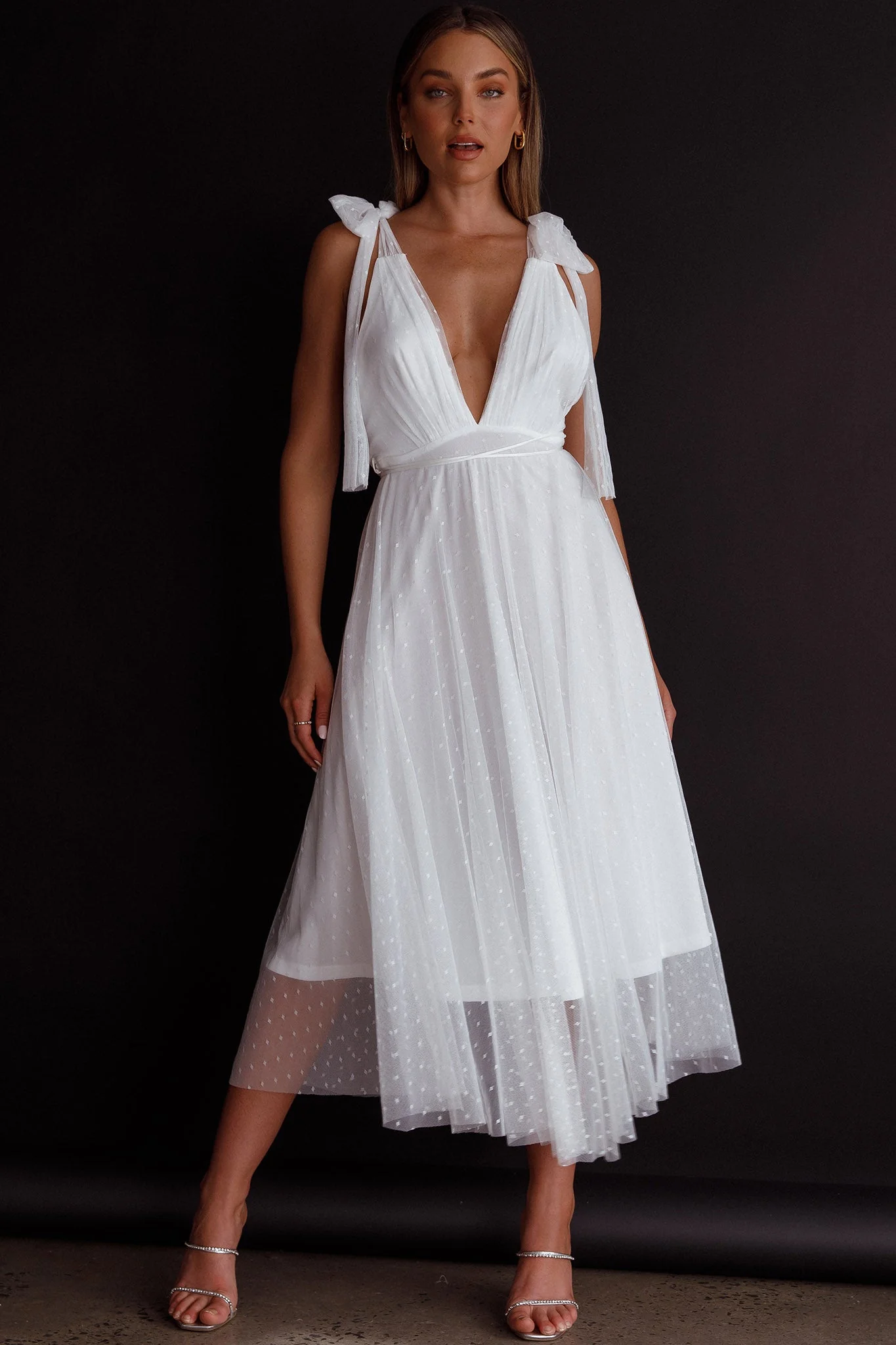 Kathryn Tied Shoulder Mesh Midi Dress White - Image 9