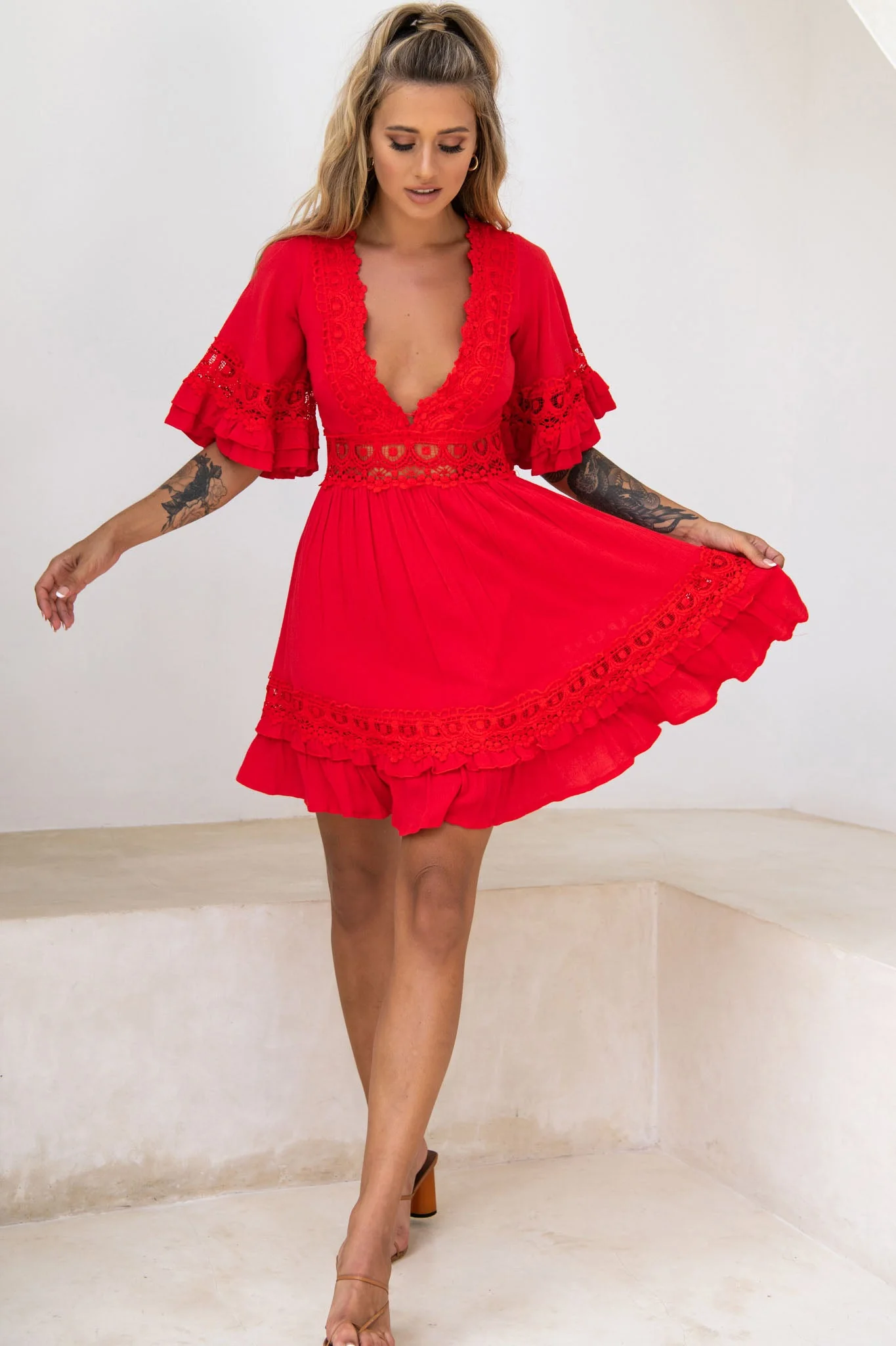 Kauai V-Neckline Crochet Lace Trim Dress Red - Image 3