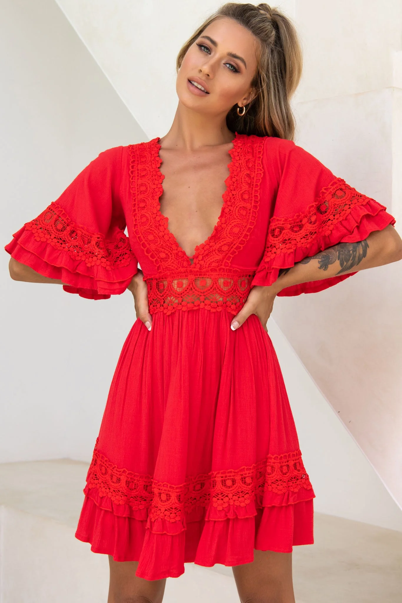 Kauai V-Neckline Crochet Lace Trim Dress Red - Image 4