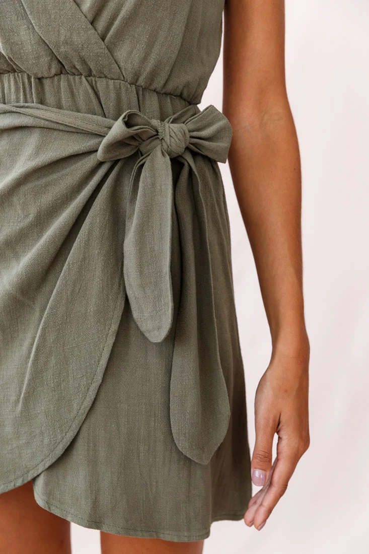 Kay Wrap Skirt Wooden Embellishment Dress Khaki - Image 4