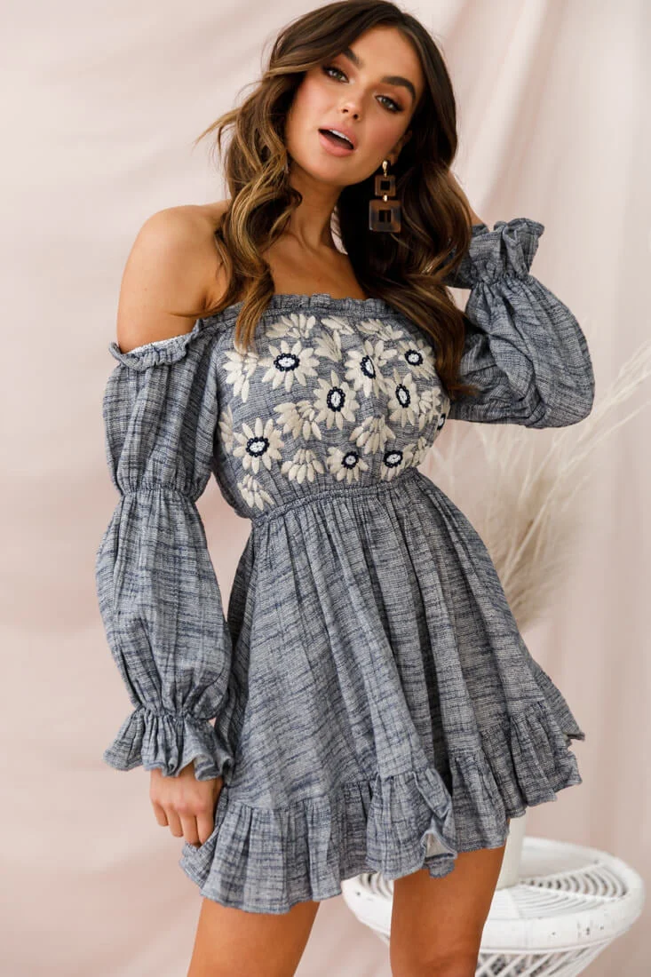 Kayla Off-Shoulder Daisy Embroidered Dress Blue - Image 6