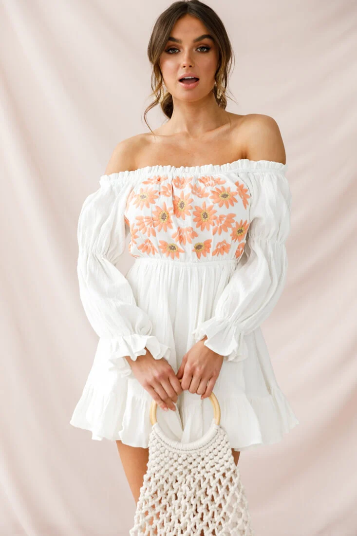 Kayla Off-Shoulder Daisy Embroidered Dress White - Image 2