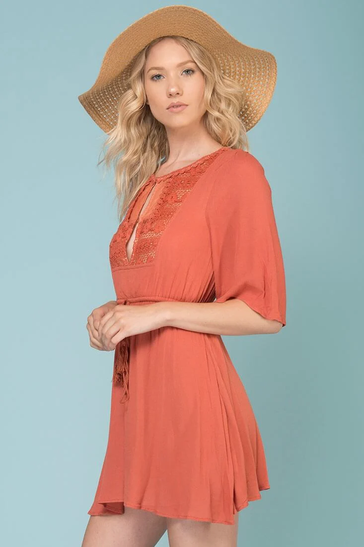 Kayla Tie Waist Crochet Details Dress Rose - Image 2