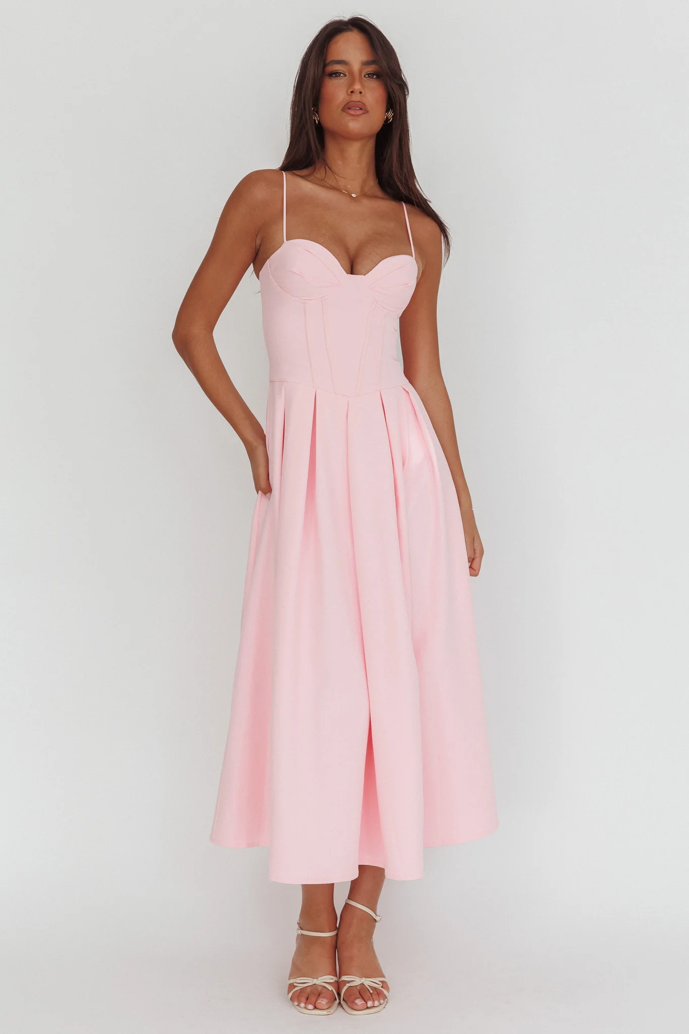 Kearsy Box Pleat Sweetheart Neckline Midi Dress Pink - Image 4