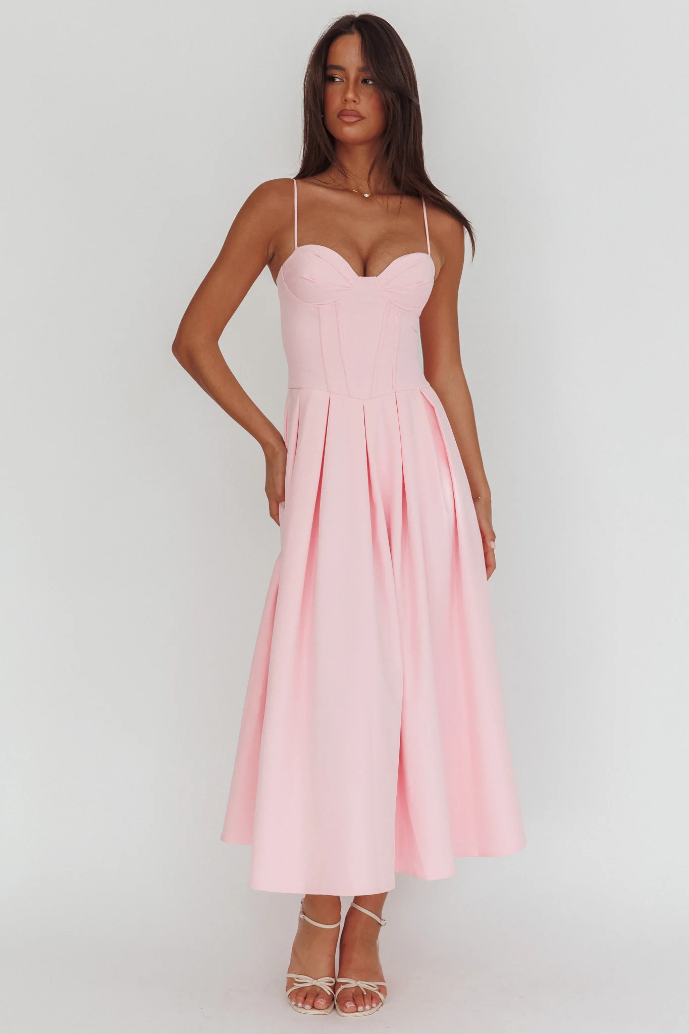 Kearsy Box Pleat Sweetheart Neckline Midi Dress Pink - Image 5