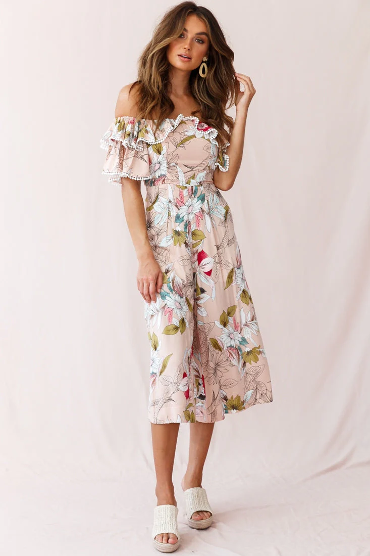 Keeper Off-Shoulder Culotte Jumpsuit Floral Print Mocha - Image 5