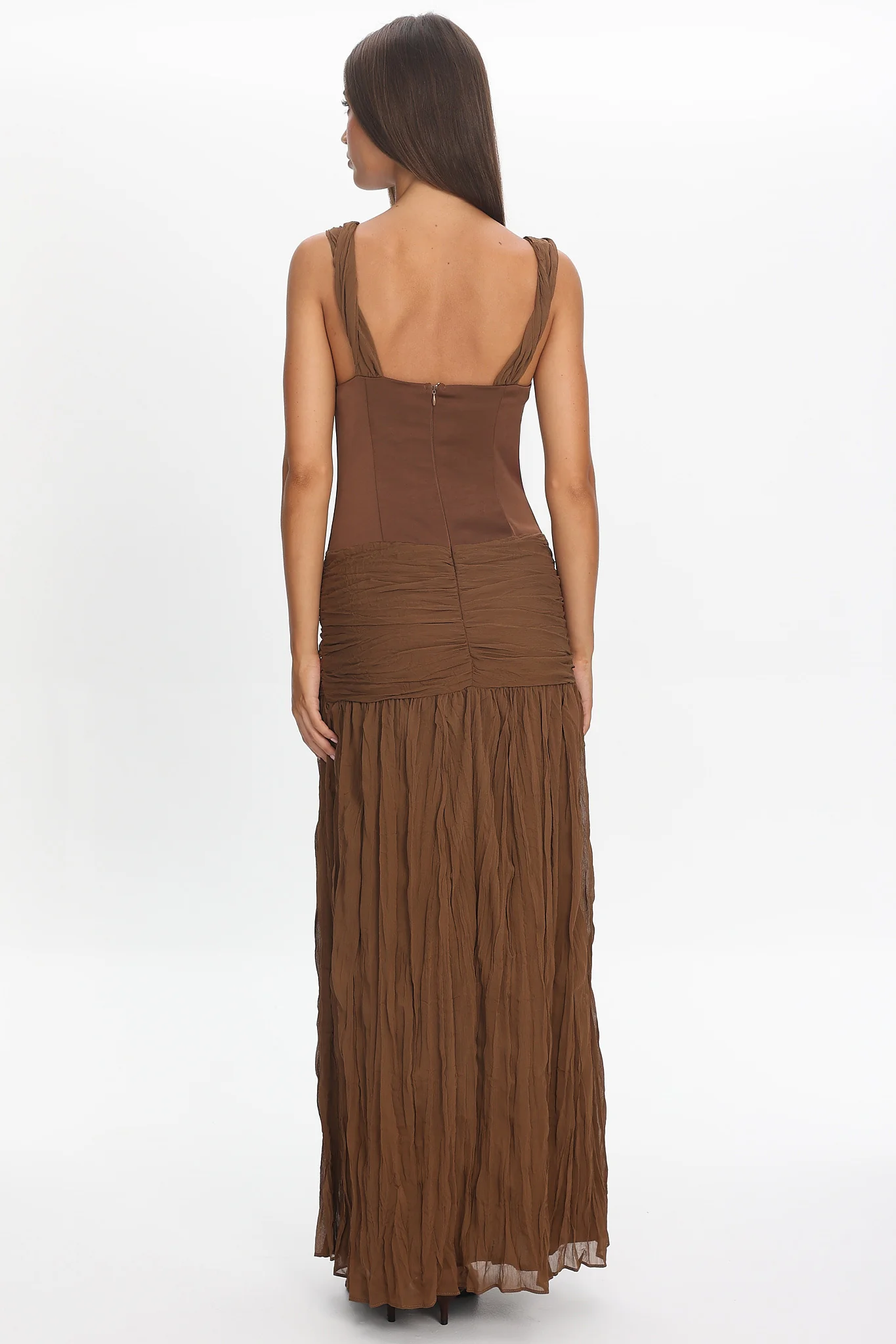 Keia Crepe Chiffon One-Shoulder Maxi Dress Chocolate - Image 3
