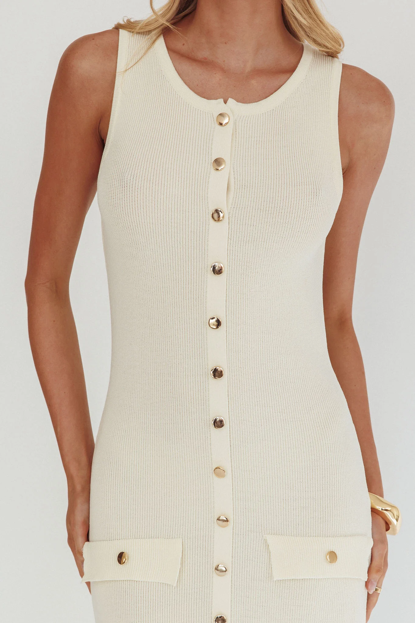 Kelani Gold Button Knit Maxi Dress Cream - Image 4