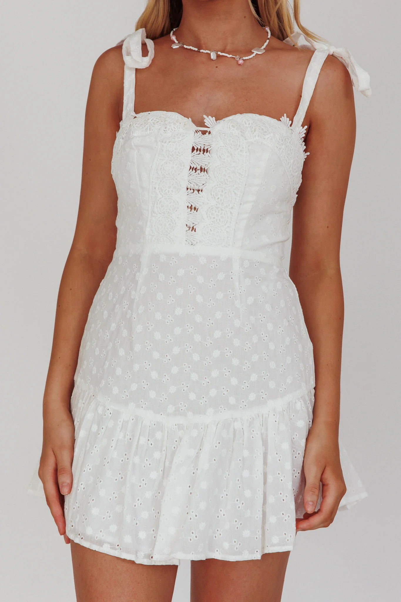 Kelsie Tied Shoulder Eyelet Mini Dress White - Image 4