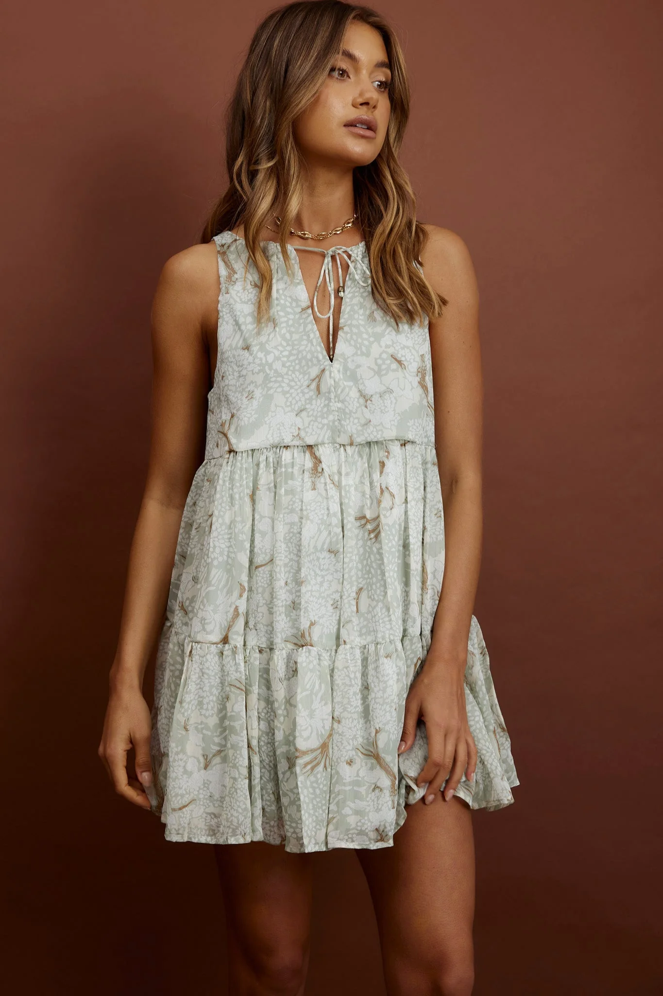 Kennedi String Tie Shift Dress Floral Sage - Image 5