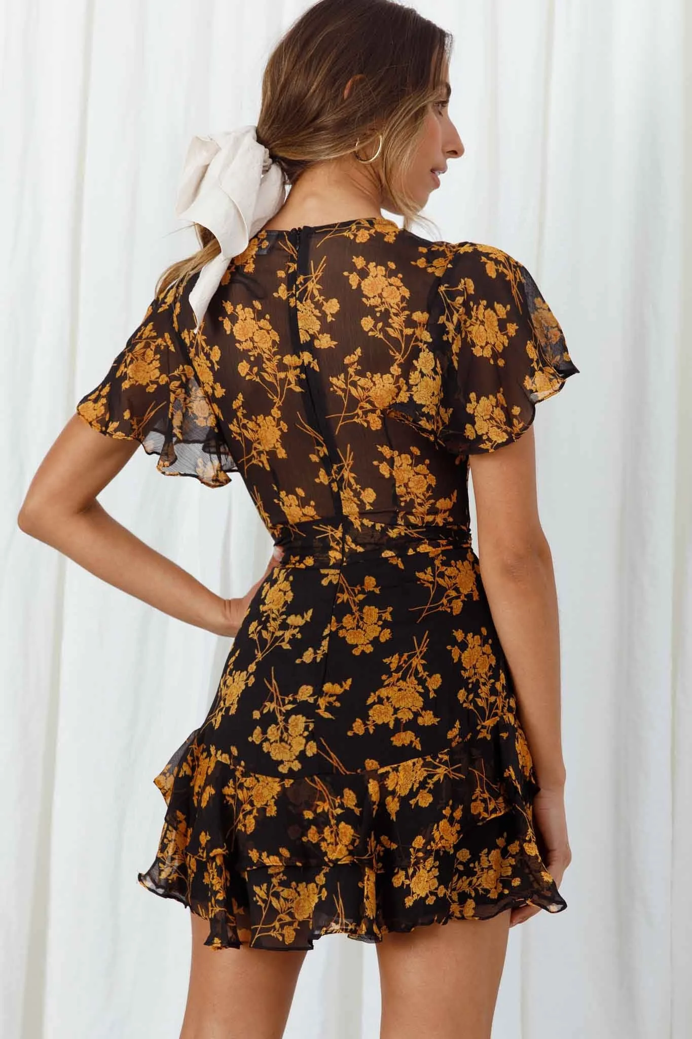 Kerry Layered Angel Sleeve Dress Black/Orange Flower - Image 7