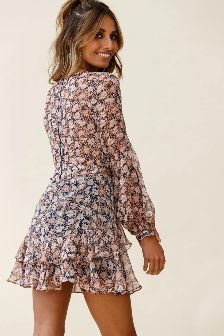 Kerry Layered Balloon Sleeve Dress Floral Print Navy - Image 3