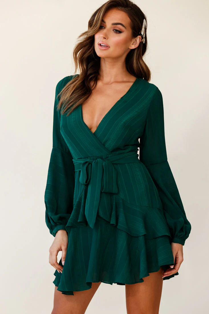 Kerry Layered Balloon Sleeve Dress Stripe Green - Image 6