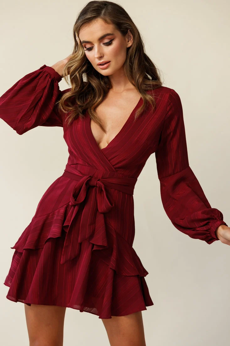 Kerry Layered Balloon Sleeve Dress Wine - Image 5