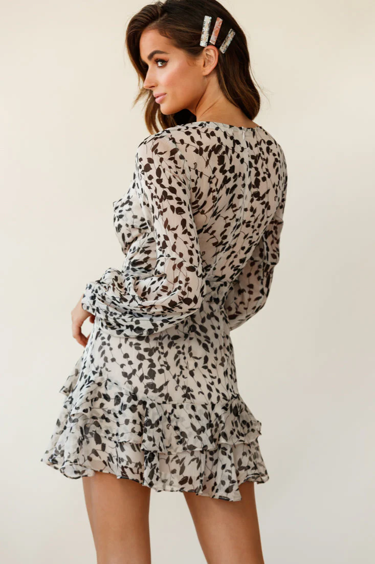 Kerry Layered Long Sleeve Dress Leaf Print Beige - Image 2