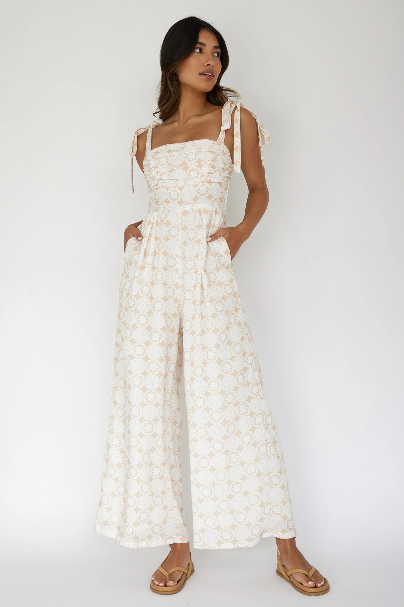 Kersty Tied Shoulder Jumpsuit Beige - Image 5