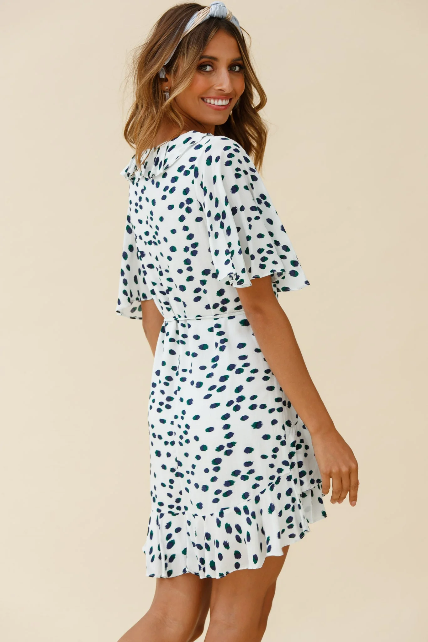 Keziah Angel Sleeve Ruffle Trim Dress Spotty Print White - Image 3