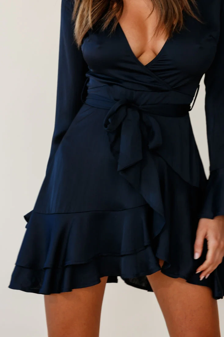 Khandi Long Sleeve Ruffle Wrap Dress Navy - Image 5