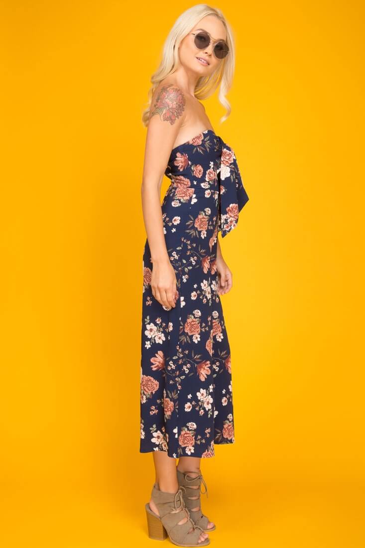 Khloe Floral Summer Bow Tie Jumpsuit Navy - Image 3