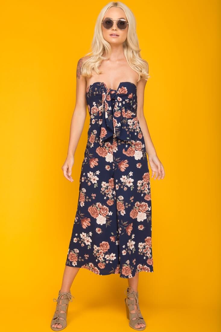 Khloe Floral Summer Bow Tie Jumpsuit Navy - Image 4