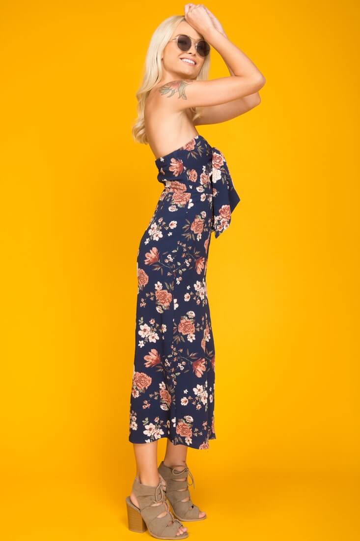 Khloe Floral Summer Bow Tie Jumpsuit Navy - Image 5
