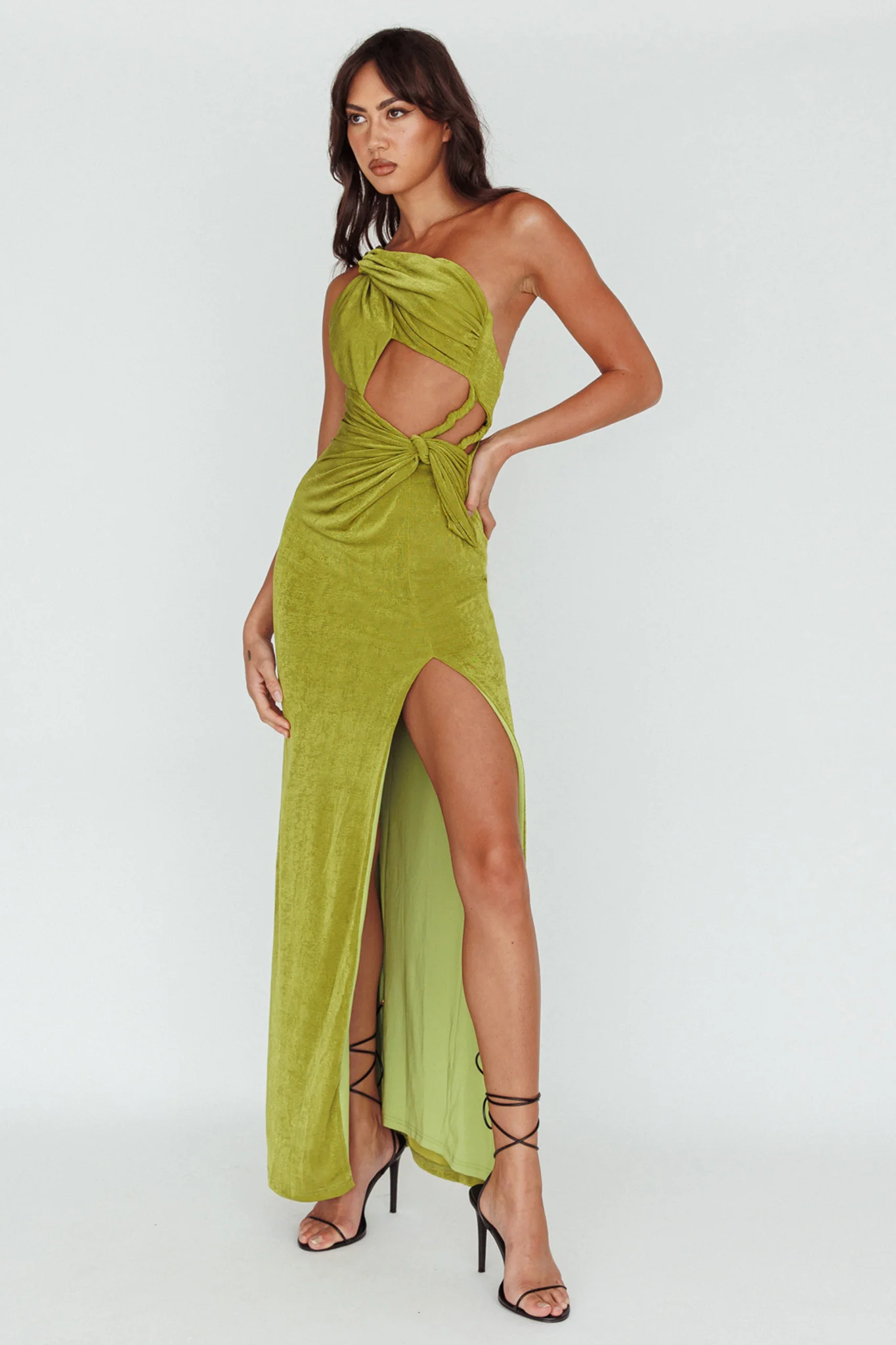 Kiah Twist Accent Thigh Split Midi Dress Moss - Image 3
