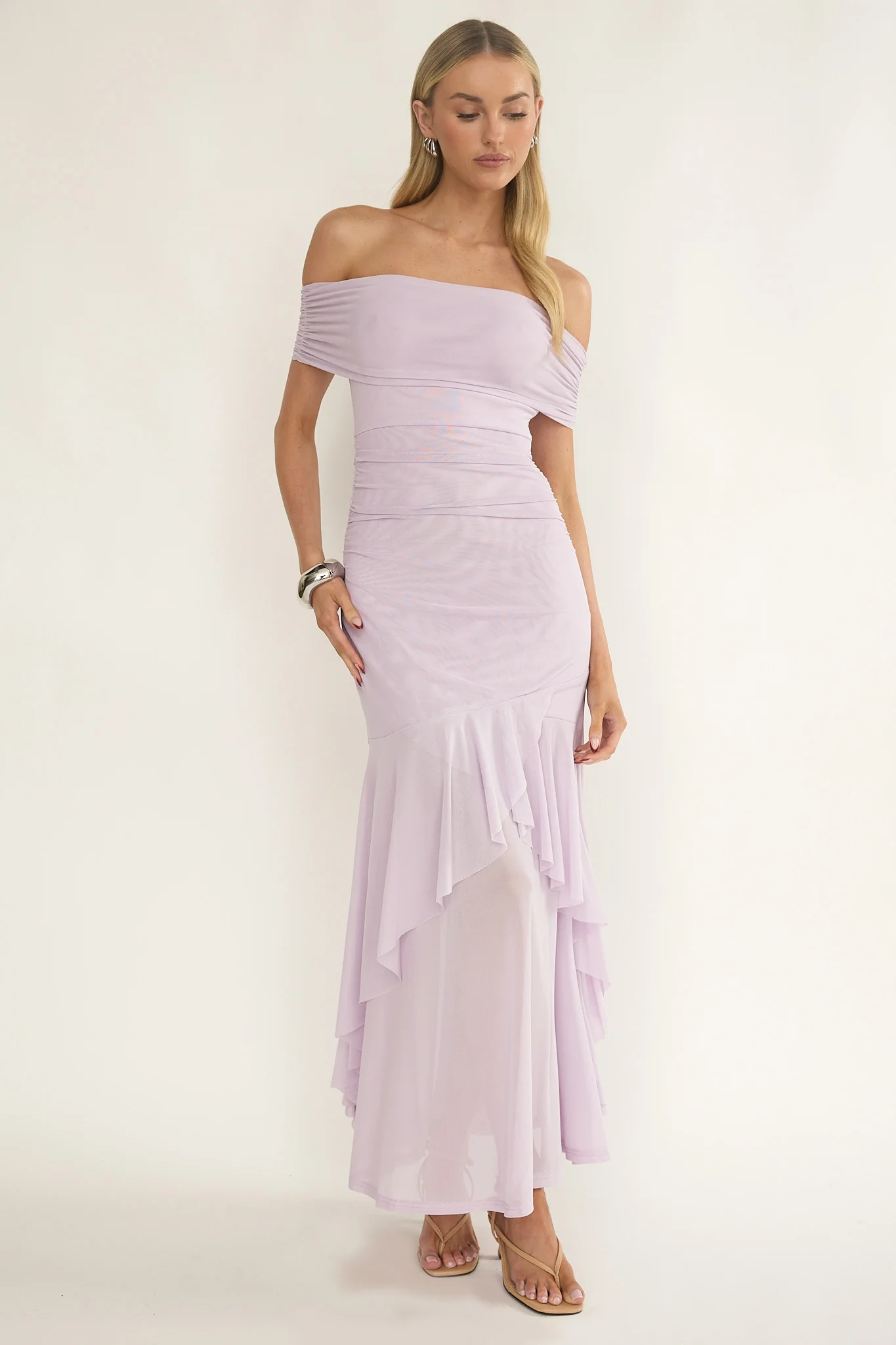 Kiarna Off-Shoulder Mesh Maxi Dress Lilac - Image 4