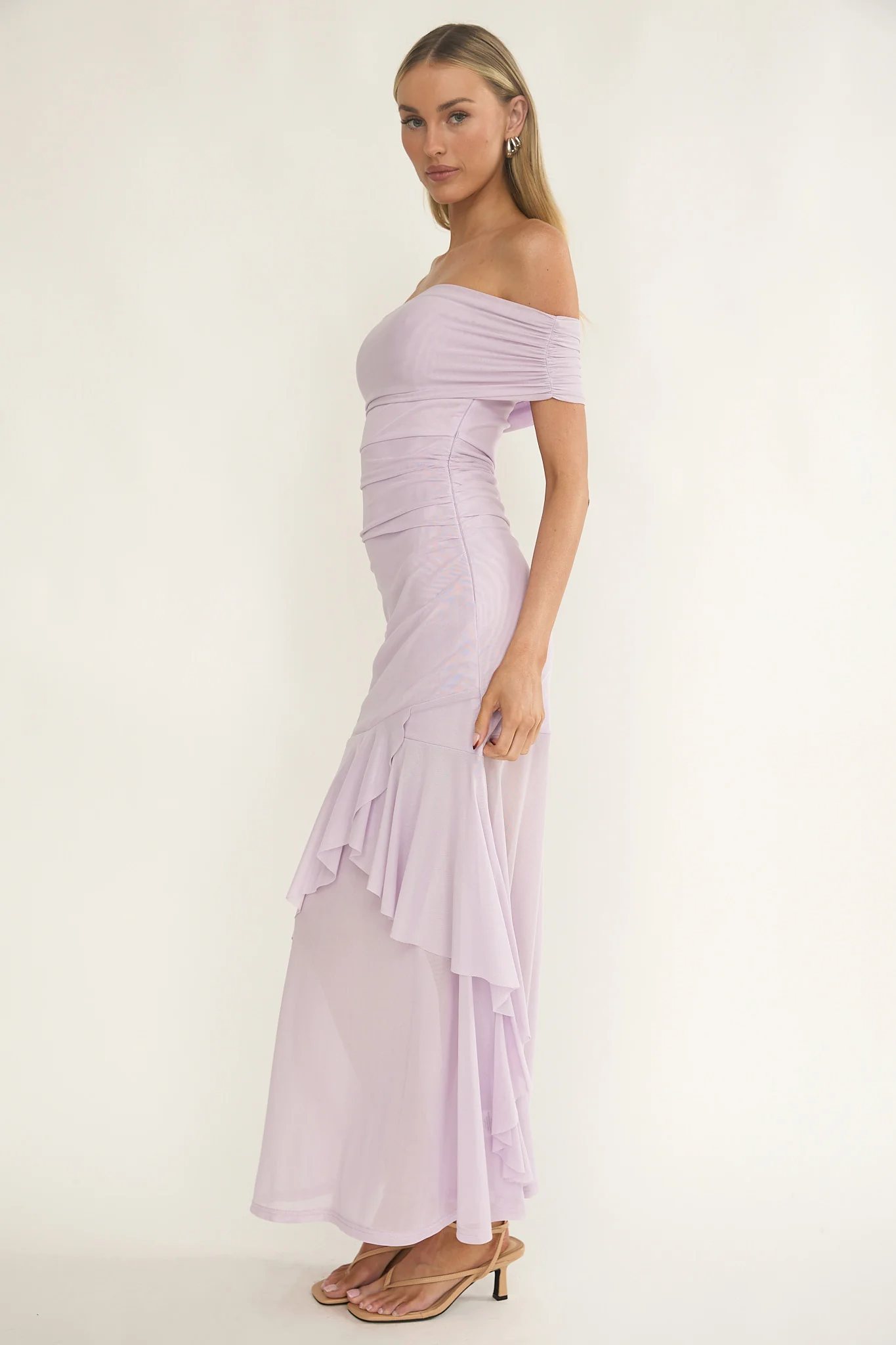 Kiarna Off-Shoulder Mesh Maxi Dress Lilac - Image 6