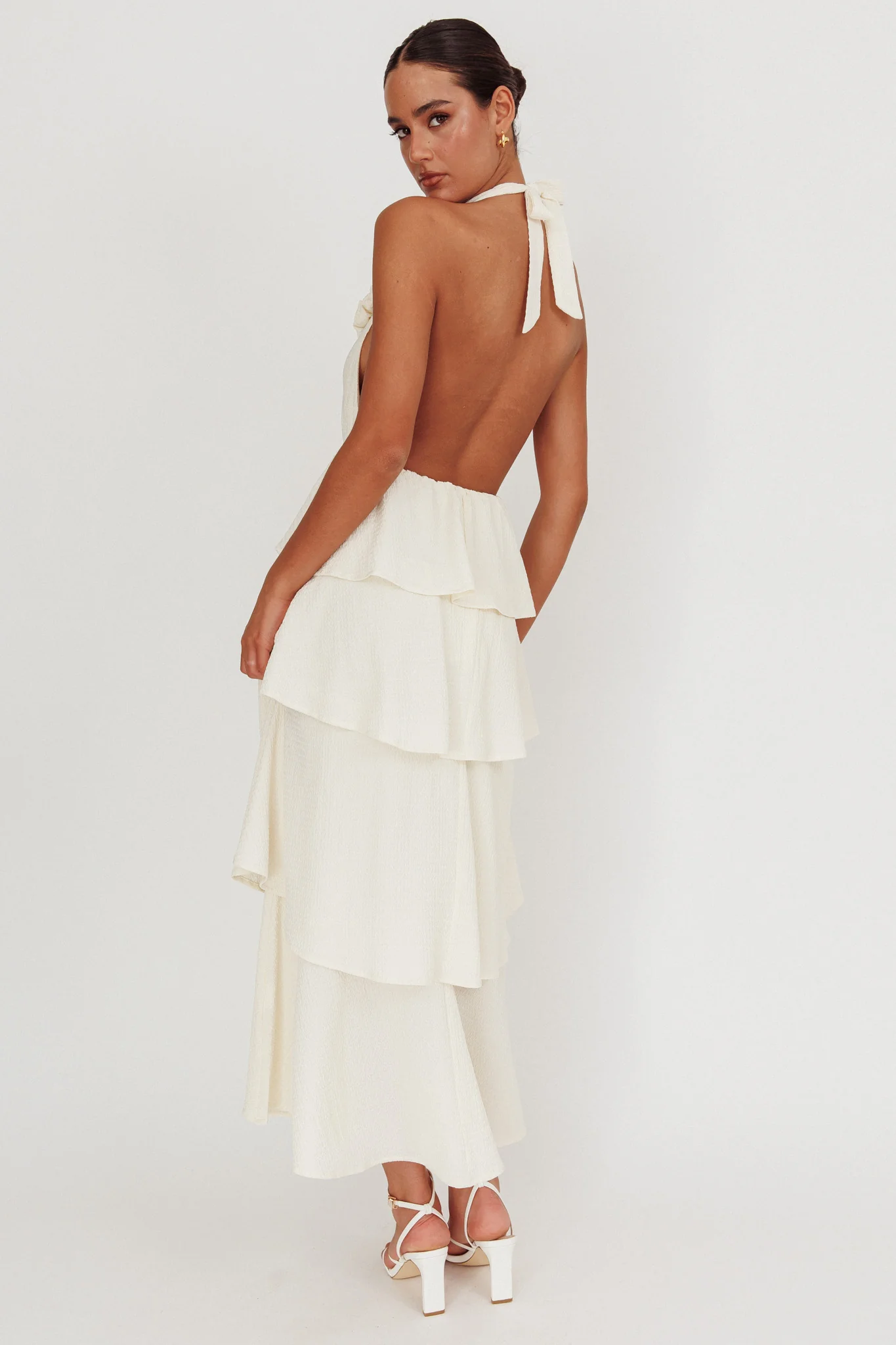 Kimberley Halter Neck Ruffle Maxi Dress Beige - Image 2