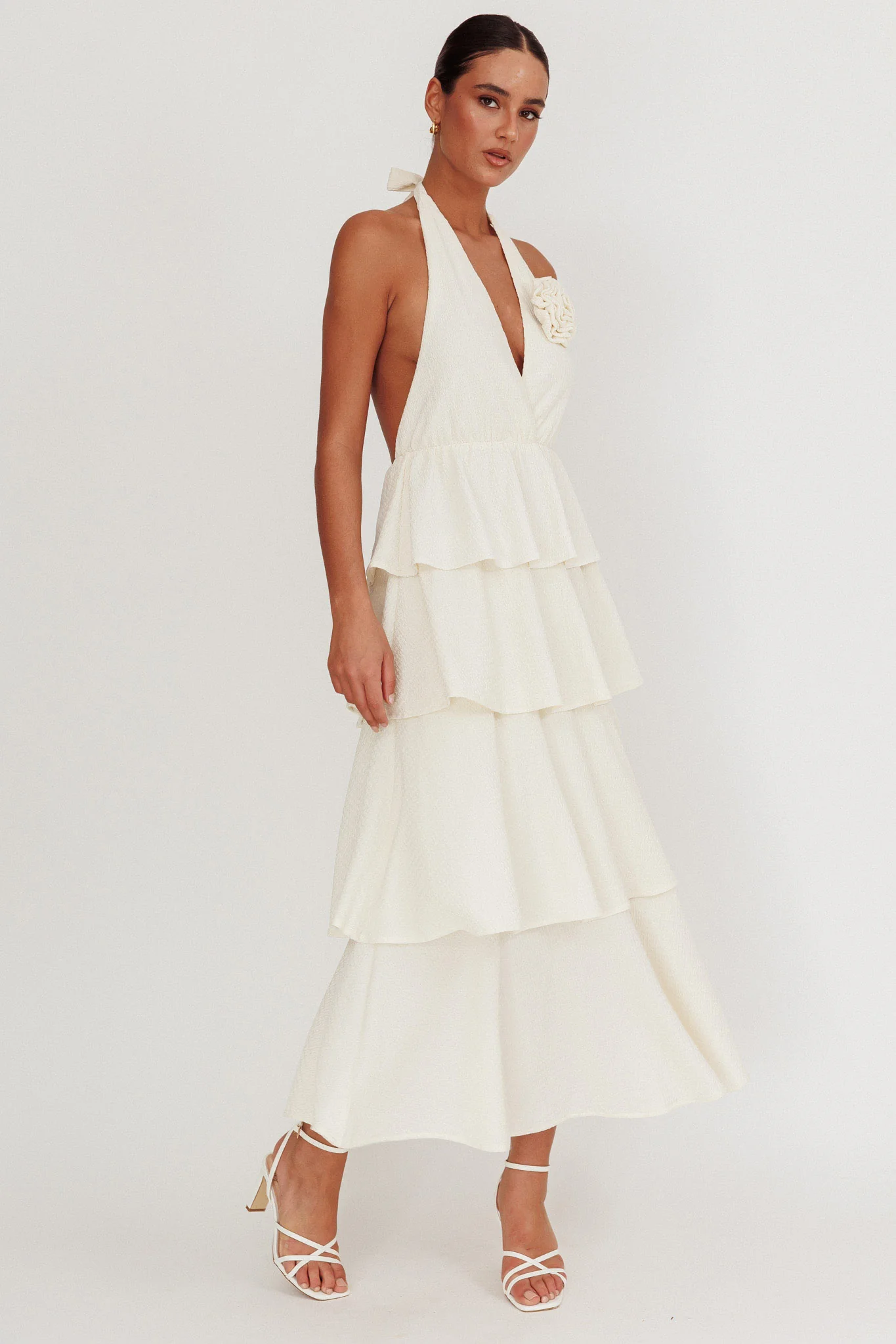 Kimberley Halter Neck Ruffle Maxi Dress Beige - Image 3