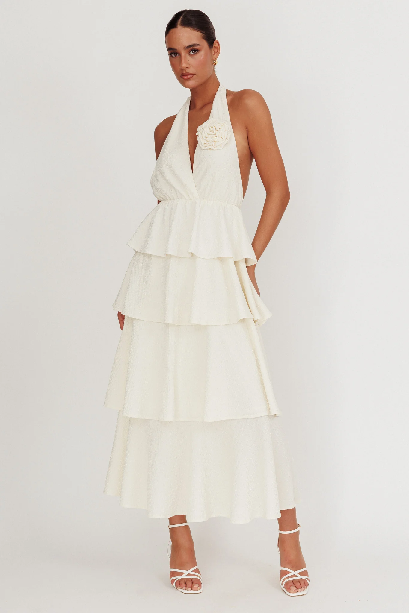 Kimberley Halter Neck Ruffle Maxi Dress Beige - Image 5