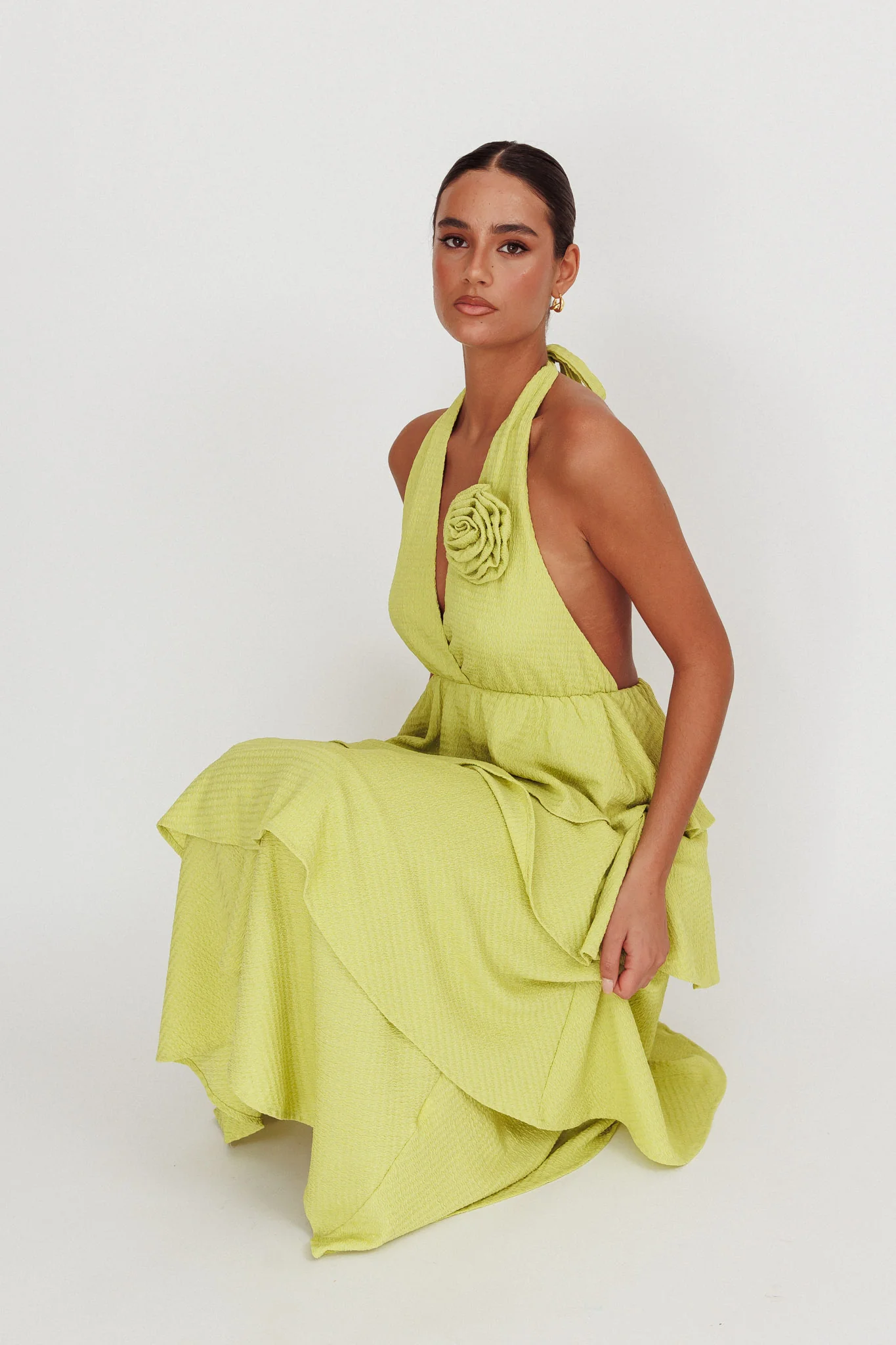 Kimberley Halter Neck Ruffle Maxi Dress Matcha - Image 2