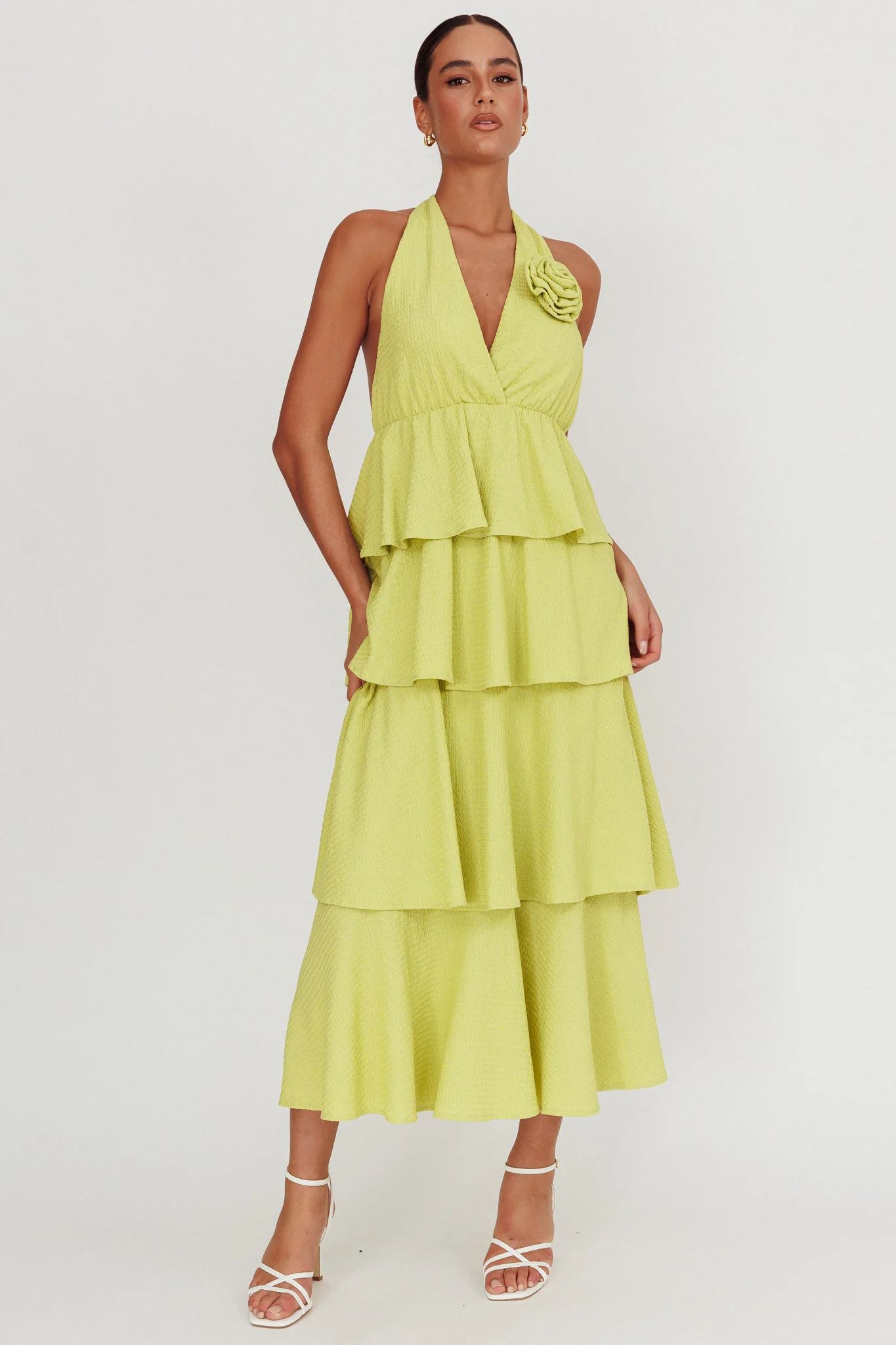 Kimberley Halter Neck Ruffle Maxi Dress Matcha - Image 4