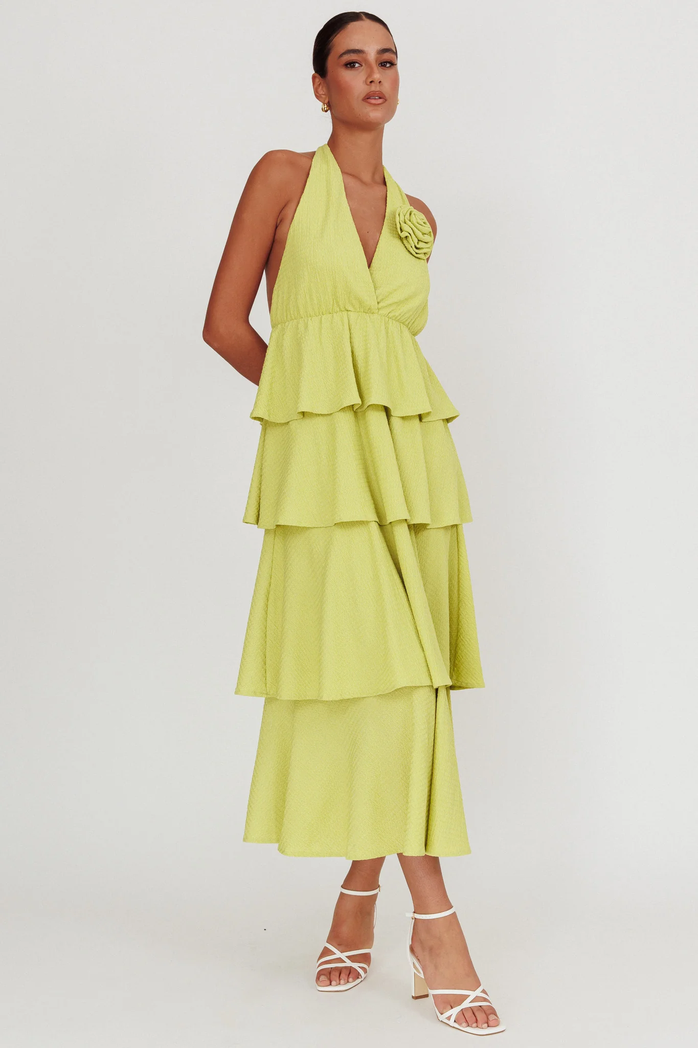 Kimberley Halter Neck Ruffle Maxi Dress Matcha - Image 6