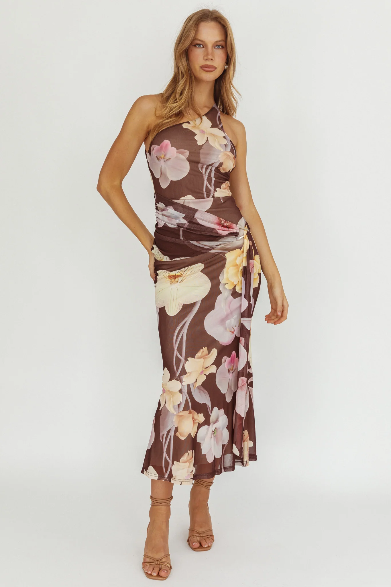 Kimbra Waist Sash Maxi Dress Floral Brown - Image 2