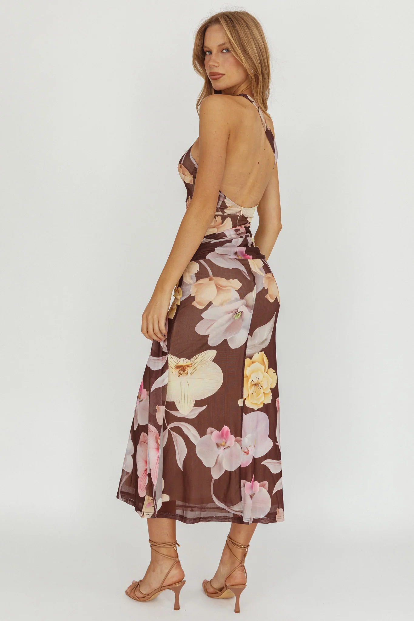 Kimbra Waist Sash Maxi Dress Floral Brown - Image 3