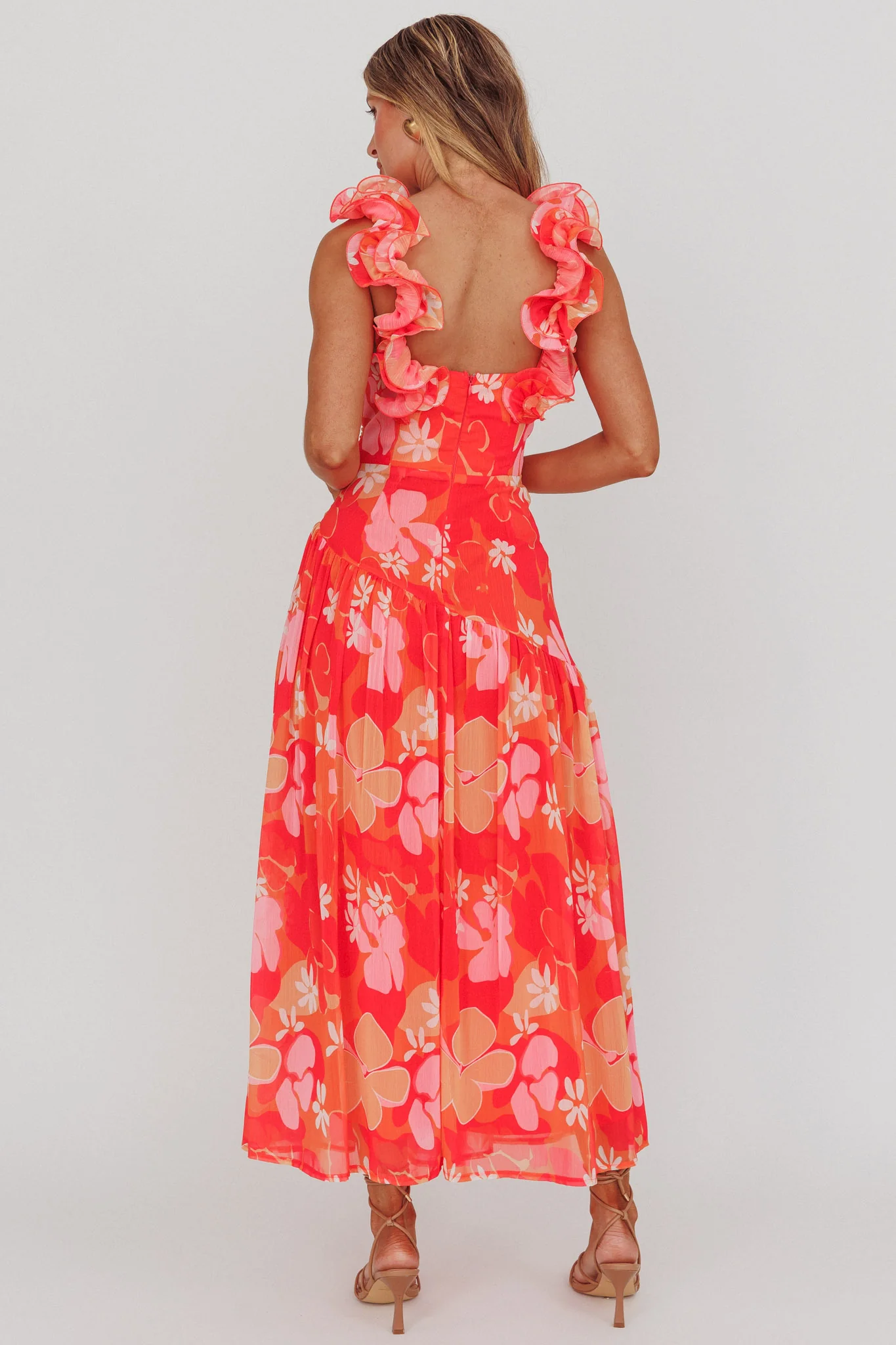 Kinley Ruffle Strap Maxi Dress Floral Orange - Image 2